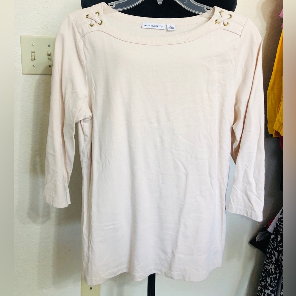 Susan Graver Cream Lace-Up Shoulder Long Sleeve Top